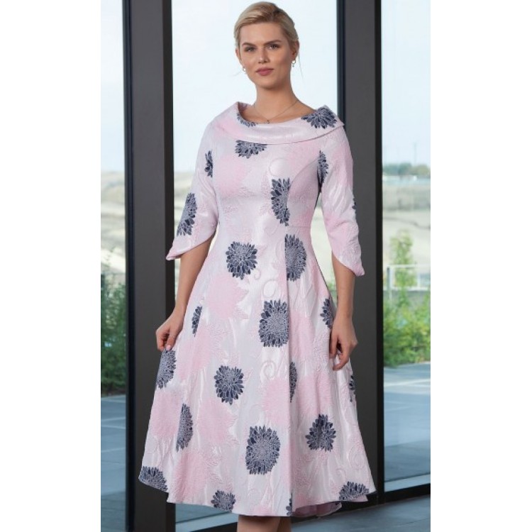 Lizabella Boat neck jacquard effect panel a line dress in Pink Floral