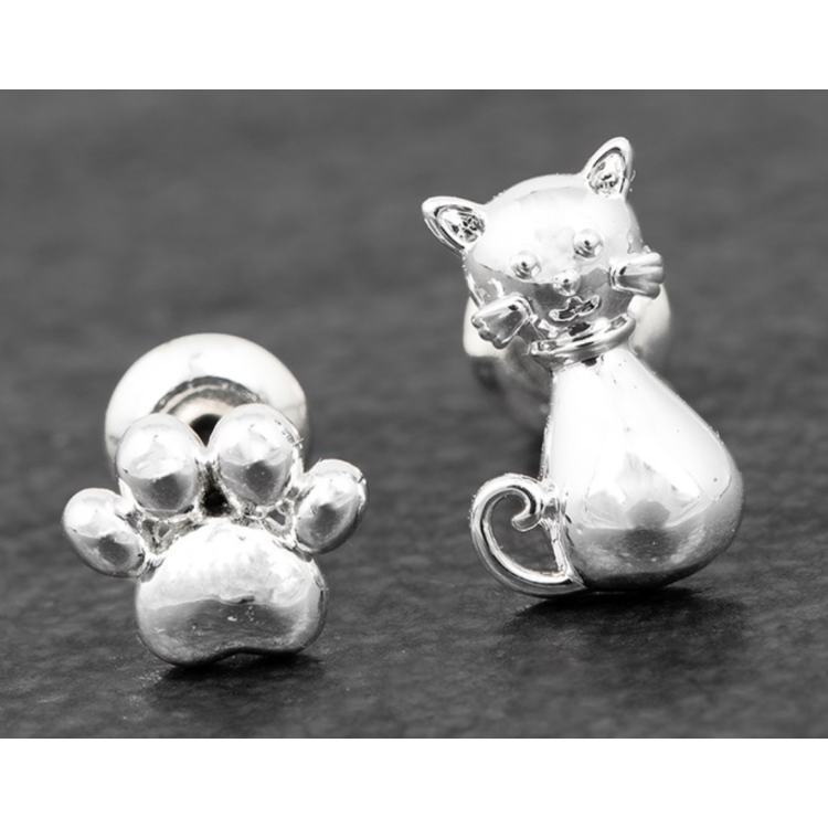 Cat & paw print silver plated earrings