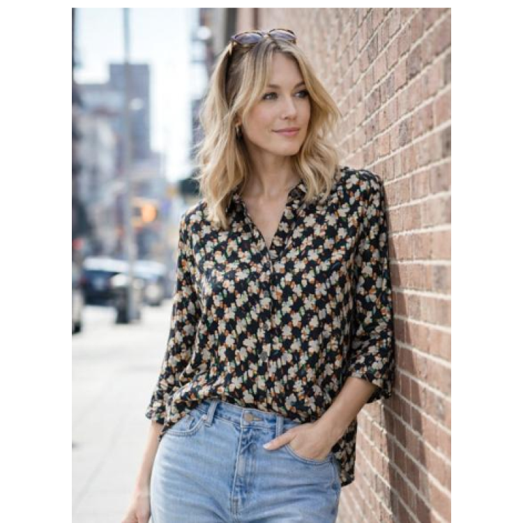 Claudia C orange & navy multi top.
