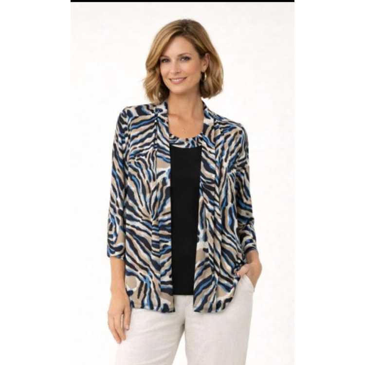 Claudia C teal print mock cardigan top
