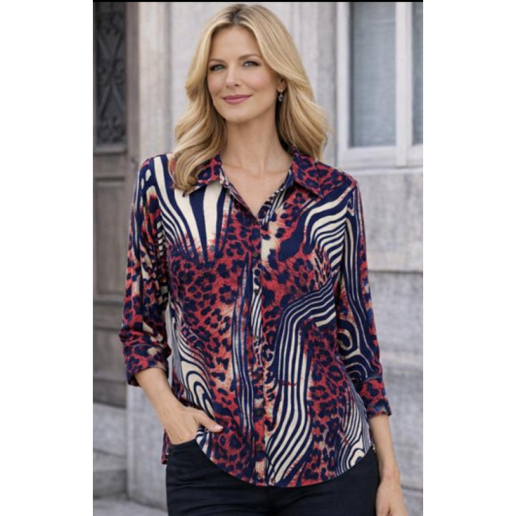 Claudia C wine, navy & cream animal print top