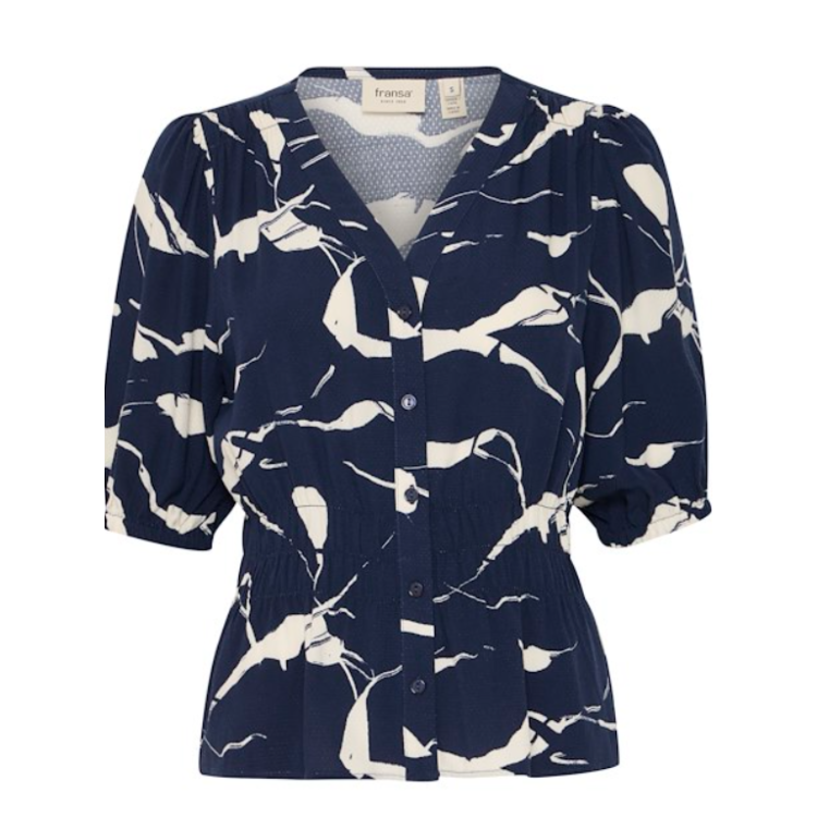 Fransa navy & cream puff sleeve blouse
