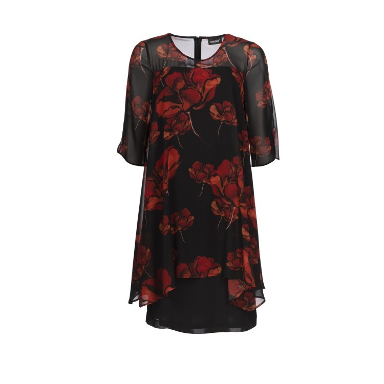 Godske black dress with red floral overlay.