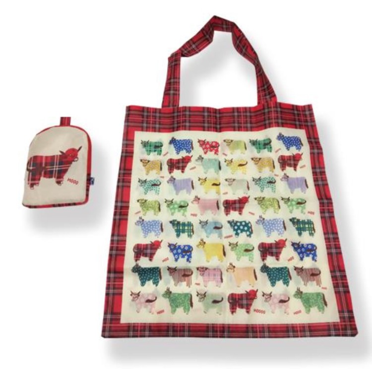 Tartan Highland cow folding shopping bag