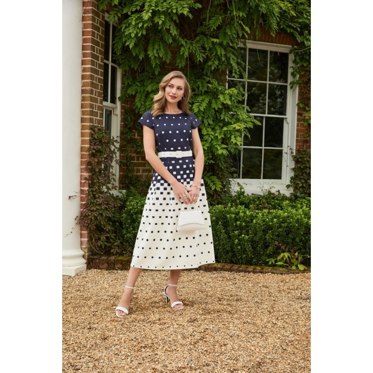 Tia navy and ivory dots and dash dress