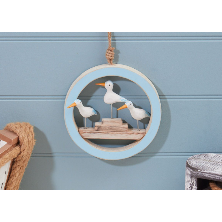 Triple seagull round hanger rustic blue wood