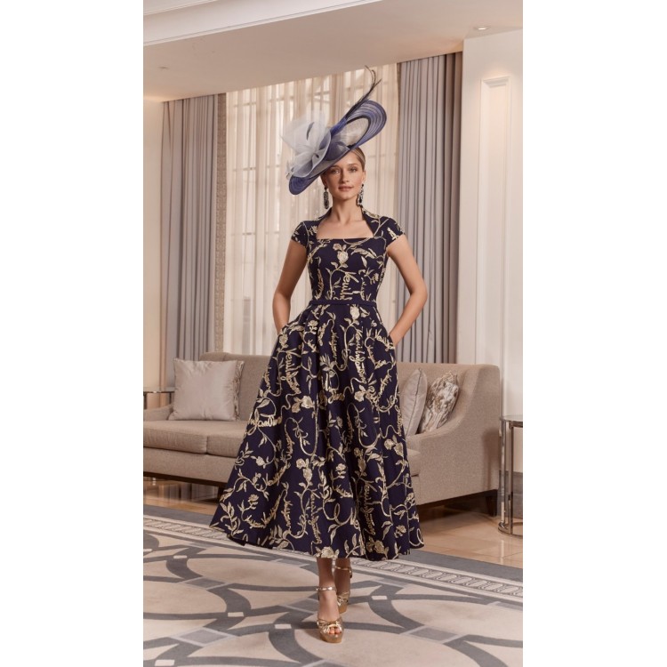 Veni Infantino navy and gold embroidered dress